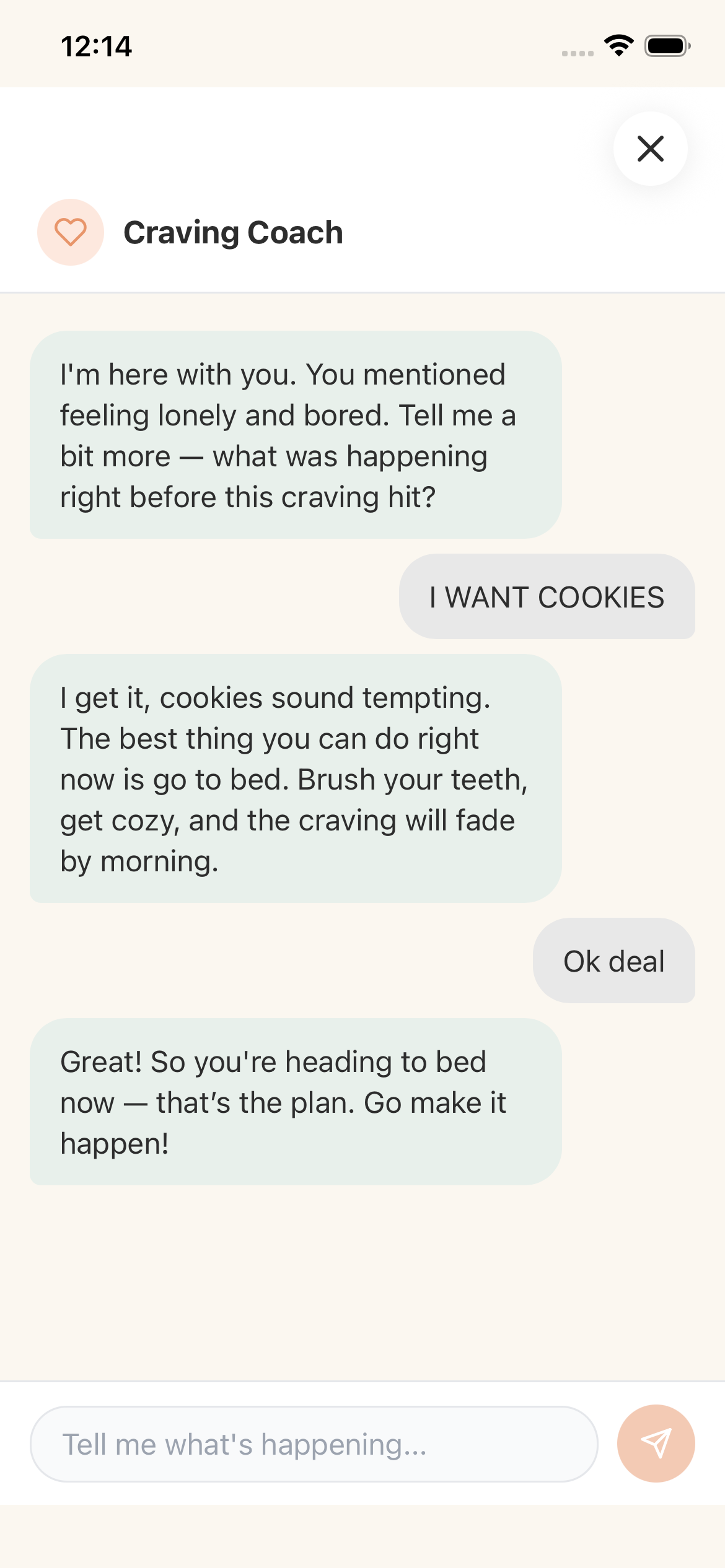 AI Craving Coach conversation helping with a late-night cookie craving