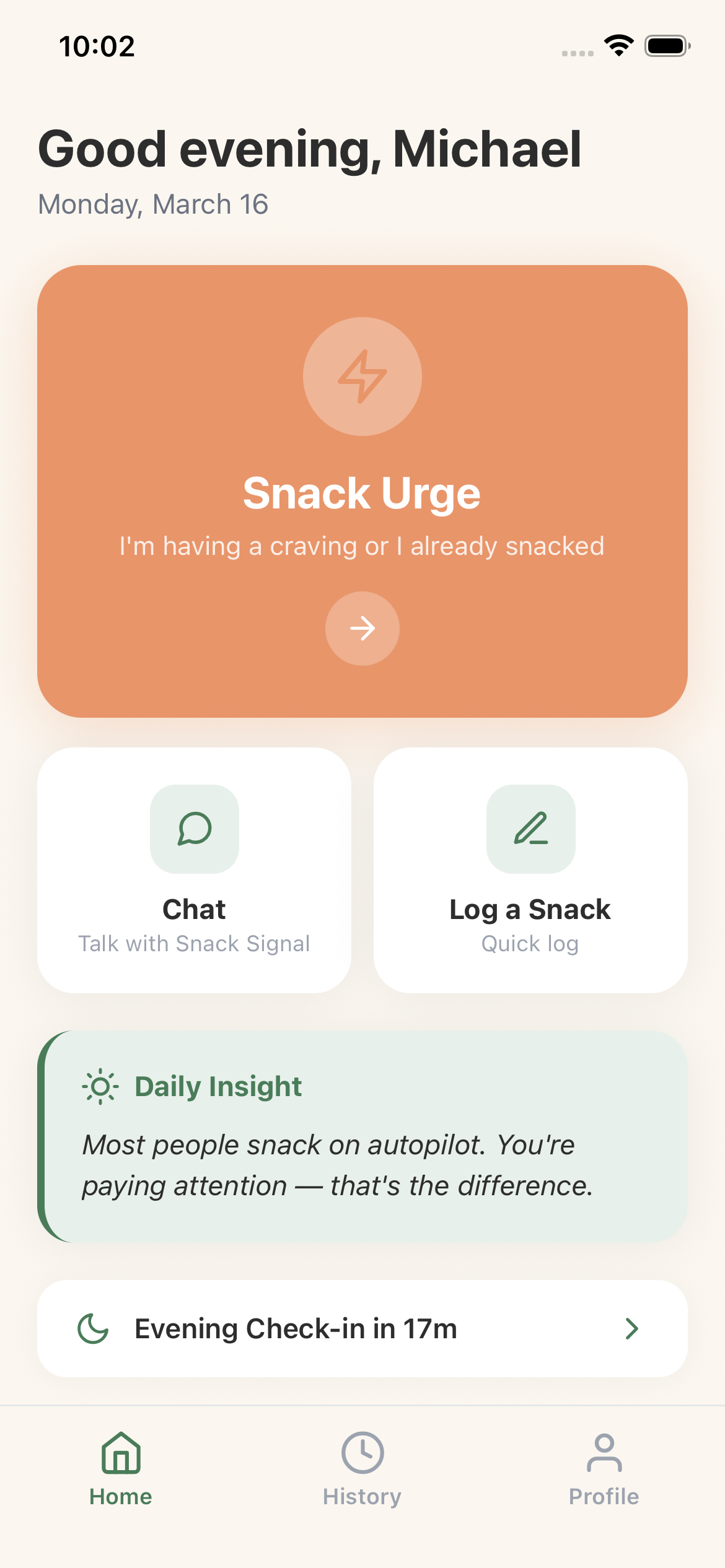 Snack Signal home screen showing Snack Urge button, Chat, Log a Snack, and Daily Insight