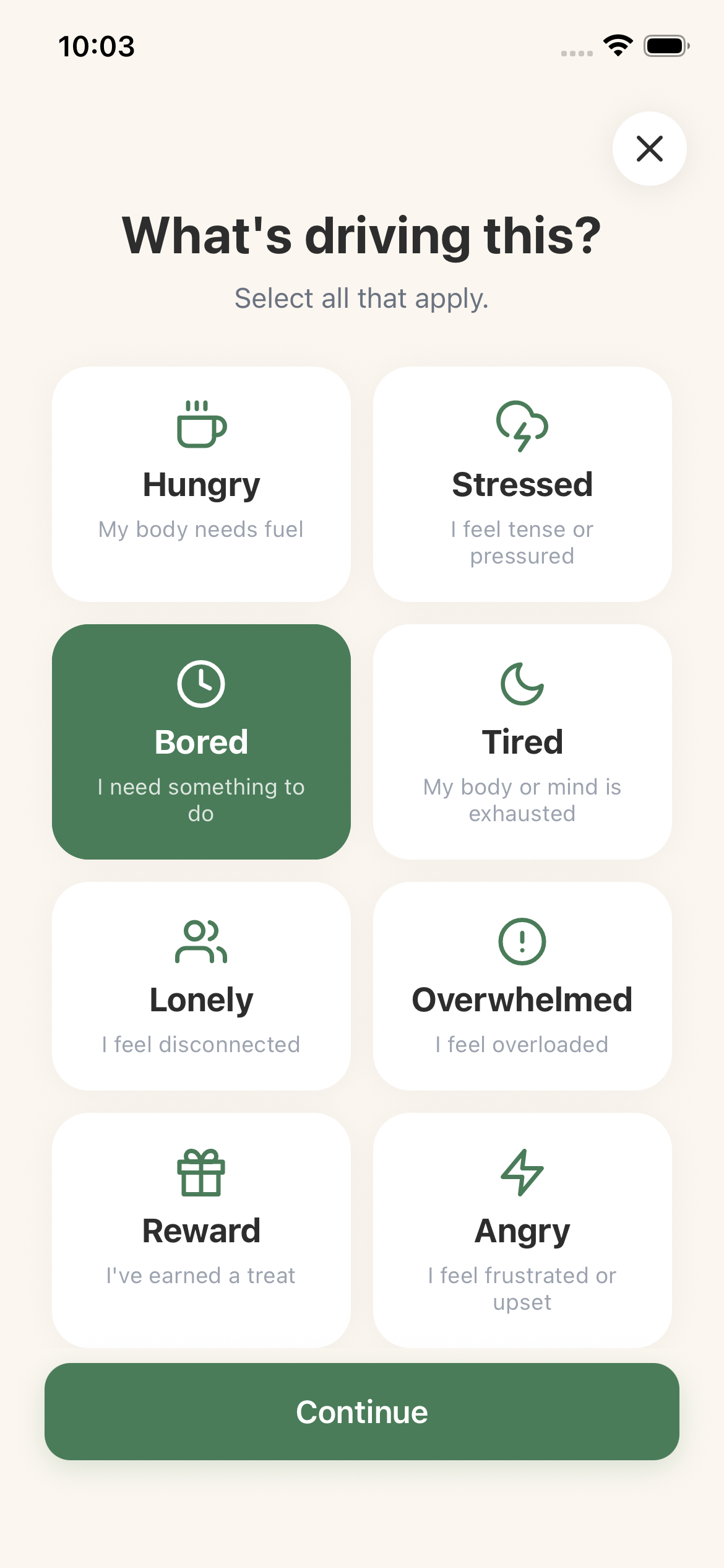 Mood selection screen with options like Hungry, Stressed, Bored, Tired, Lonely, Overwhelmed